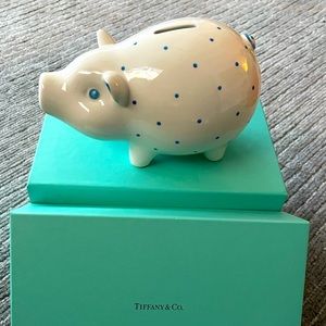 Tiffany ceramic piggy bank with blue polka dots in original box.